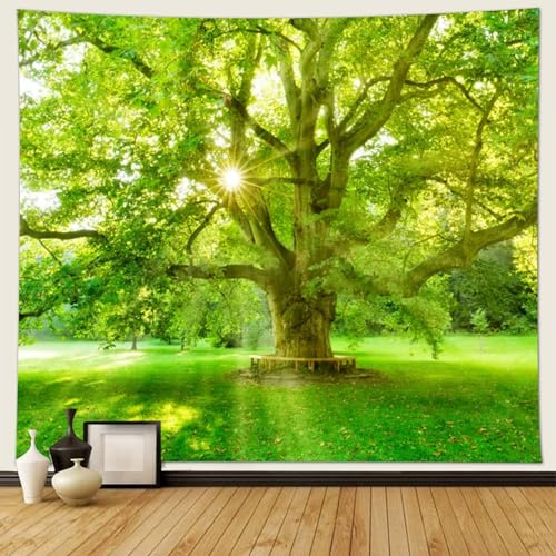 Musihy Landschaft Wandbehang Wandteppich, 350x256cm Grüner Baum, Sonne, NaturlandschaftWanddeko für Schlafzimmer Wohnzimmer, Gelb-grün