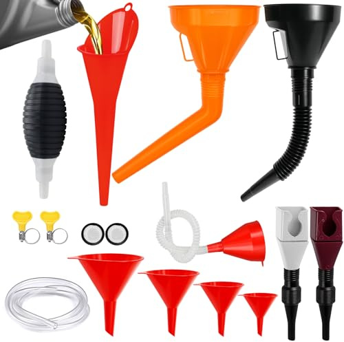 Samulee 11 Stück Trichter Auto, Einfülltrichter Set mit Benzinpumpe Handpumpe, Rechtwinkliges Flexibles Trichter Set mit schlauch und Filter für Benzin, Öl, Kühlflüssigkeit usw