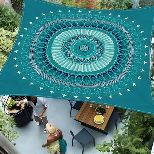 Hiseng Voile d'Ombrage Imperméable Triangulaire, Imprimé Mandala Voiles d'Ombrage pour Patio Toile Ombrage Exterieur avec Corde 95% de Protection UV Toile Solaire pour Jardin (Bleu Canard,200x240cm)