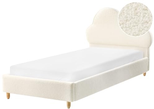 Beliani Modern Boucle EU Single Size Bed Frame Upholstered Kids Bed Slatted Base Off-White Bellevue
