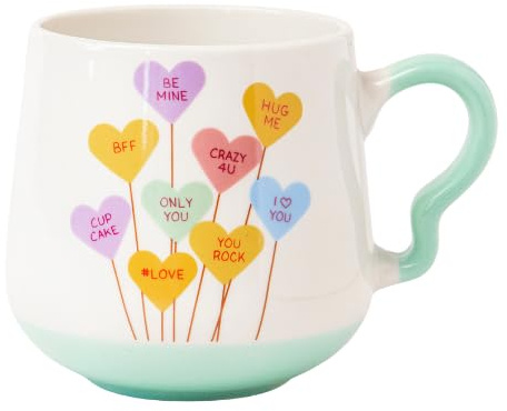 Candy Hearts Ceramic Mug 390ml Cute Pastel Love Slogan Tea & Coffee Cup with Curved Handle, Colorful Heart Design, Glazed Valentine’s Gift Mug Assorted Design (Balloon Heart)