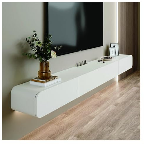 JKJZSALJ Console Multimédia Murale avec 2 Tiroirs, Meuble TV Flottant en Bois Massif, Étagère TV Suspendue, Meuble TV pour Bureau À Domicile, Blanc, 180 X 24 X 18 Cm