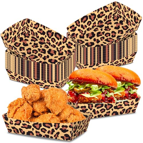KERINGO No Folding Required 100 Pack Leopard Print Snack Tray 2 Lbs Large Disposable Paper Food Plates Leopard Paper Plates Jungle Safari Party Supplies Animal Print Baby Shower Party Decoration