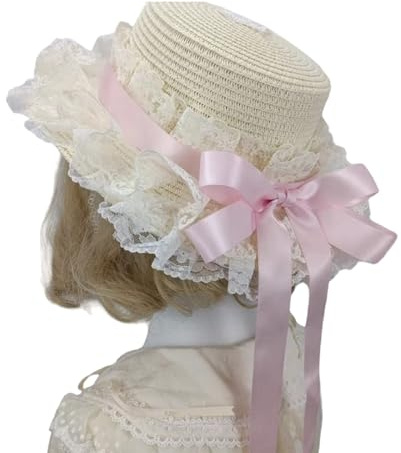Chevnzev Chapeau de paille victorien en dentelle pour femmes et filles avec nœud en ruban pour cocktail, fête et événement cosplay