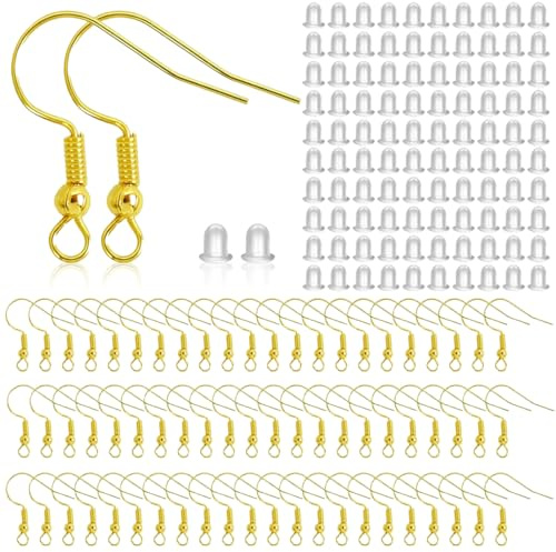 200 Pezzi Orecchini Anallergici Set, Monachelle per Orecchini, Orecchini Senza Nichel, 100 Orecchini E 100 Tappi Trasparenti, Accessori Fai da Te per DIY Orecchie (Oro)