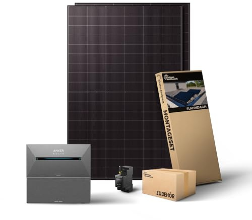 Kleines Kraftwerk 1000W Balkonkraftwerk mit Speicher Anker Solarbank 2 Pro + Zusatzbatterie|Flachdach Halterung | Solaranlage mit Speicher 800W komplett Steckdose|Balkon Kraftwerk Komplettset|2x 500Wp