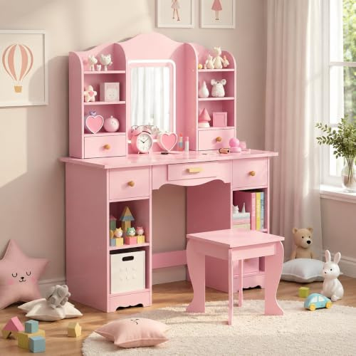 Clevich Schminktisch Kinder Set, Kinderschminktisch mit LED Beleuchtung | Prinzessin Frisiertisch mit 5 Schubladen, 10 Staufächern, Hocker & Spiegel, für Kinder von 3 bis 8 Jahren, Rosa