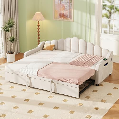 BTM 3ft Single Daybed Frame with Pull out Trundle Sofa Bed Velvet Beige
