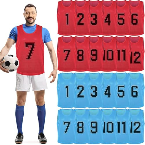 KDXBQ 24er-Pack Leibchen für Erwachsene mit Nummern (1-12) - Atmungsaktive Trainingswesten- Markierungshemden für Fußball, Basketball & Sport, Rot & Blau