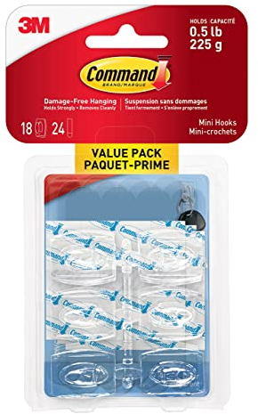 Command Mini Hook, Value Pack of 18 Mini Hooks and 24 Small Adhesive Strips, Transparent - Damage Free Hanging - Holds up to 225 gm (Packaging May Vary)