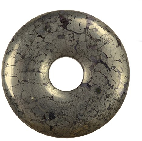 Lebensquelle Plus Edelstein Donut Ø 30 mm + Baumwollband + Edelsteinkarte | Naturstein Anhänger Halskette | Echte Heilsteinkette inkl. Band (Pyrit)