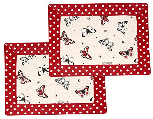 Lashuma 2er Platzset eckig 45x35 cm, Platzdeckchen beige - rot, Tischdeckchen Motiv: Schmetterling