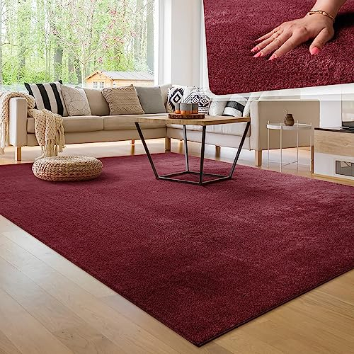 Paco Home Moderner Kuscheliger Wohnzimmer Teppich Kurzflor waschbar flauschig Weich Einfarbig Felloptik zeitlos stilvoll rutschfest pflegeleicht, Grösse:120x160 cm, Farbe:Rot