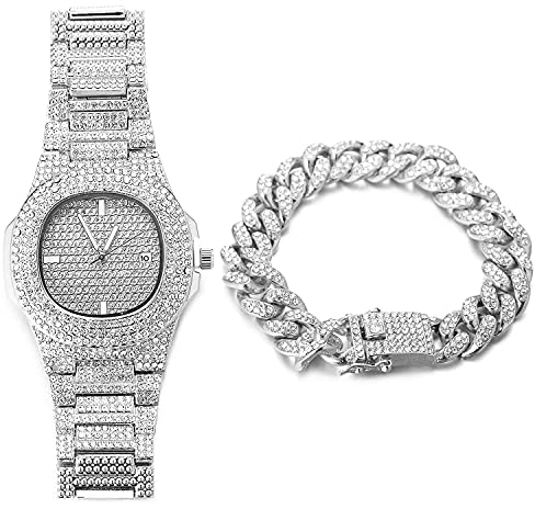 Halukakah Vergoldete Uhr Iced Out, Herren Platin Weißgold Plattiert Quarzarmband 9.5,mit Kubanischer Kette 8 Armbandset,Volle Cz Labordiamants Zinken-Set,KOSTENLOSE Geschenkbox