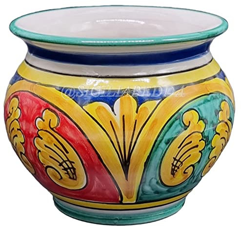 Sicilia Bedda - VASO IN CERAMICA SICILIANA - Prodotto Artigianale di Alta Qualità - Altezza 14 CM Diametro 15 Cm (Maioliche Blu Rosse e Verdi)