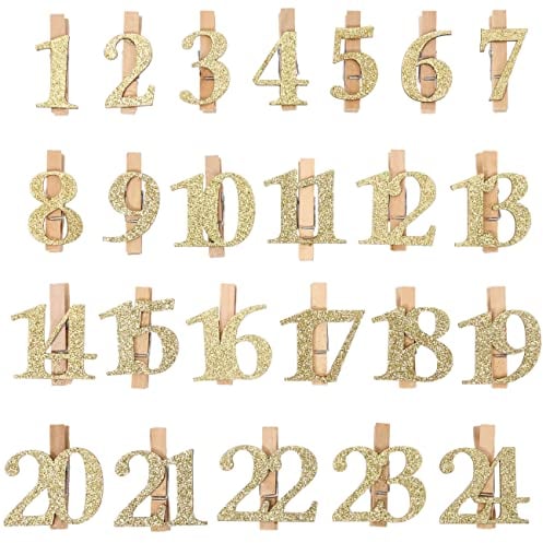 Papierdrachen 24 Holzklammern mit Glitzerzahlen für Adventskalender - Gold Set 2 - Funkelnde Deko für deinen Weihnachtskalender - für Kinder und Erwachsene