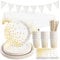 Yidaxing Blanches et Or Vaisselle de Fête, Vaisselle Papier Set Comprendre Assiettes en Papier, Serviettes, Paille, Tasses pour Noces, Baby Shower, Noël et Fêtes, 24 Invités