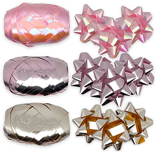 Set Ringelband Polyband Geschenk-Band Geschenkschleifen zum Basteln und Verpacken - glänzend & matt sortiert (rosa - bronze - violett, 3 Rollen Geschenkband + 9 Geschenkschleifen)