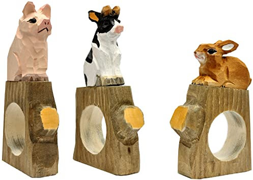 your castle Serviettenringe|Handgeschnitzt|Tierdesign - Hase, Kuh, Schwein|3er-Set|aus Holz|Handbemalt|Vielseitig einsetzbar|mit Standfestem Boden|11x6x2 cm