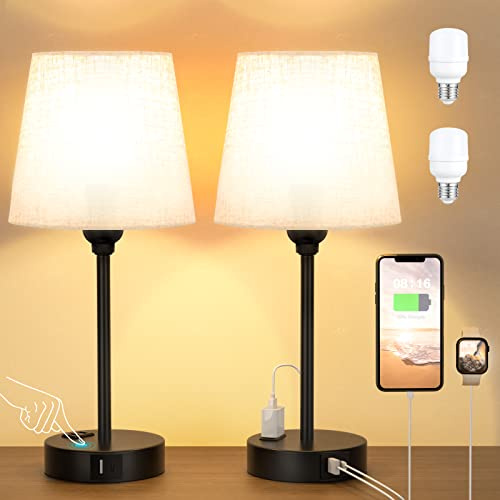 Bedside Table Lamps Set 2 for Bedroom - Dimmable Touch, USB C+A, AC Outlet