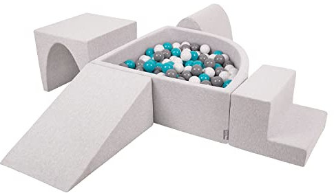 KiddyMoon Aire De Jeux en Mousse avec Quart Angulaire Piscine À Balles (200 Balles) pour Bébé, Gris Clair: Gris/Blanc/Turquoise