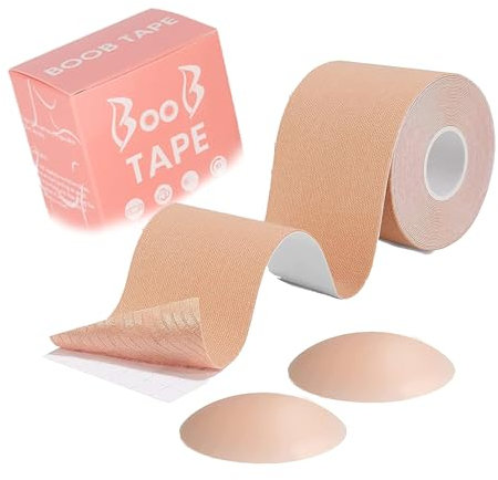 INTELLIGRON Boob Tape, Bob Tape for Large Breasts, Self-Adhesive Strapless Boobtapes with 2 Pcs Nipple Covers, 5M Stretchable Longer Than Regular Roll, Perfect to Stick on Bra, Kinesiology Tape