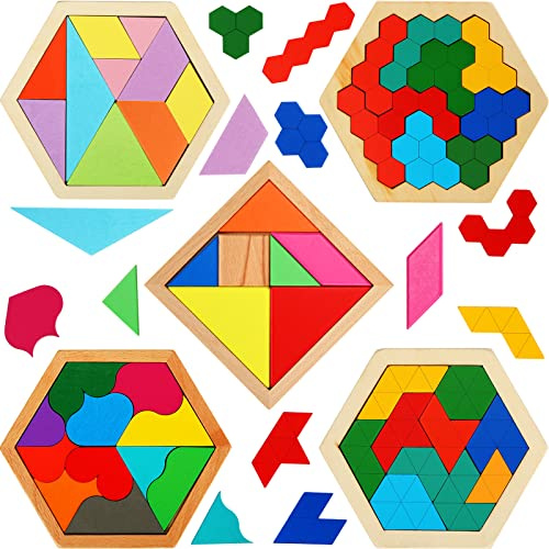 Jerify 5 Pack Wooden Tangram Puzzle for Kids, Brain Teaser Puzzles