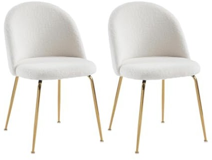 Vente-unique - Lot de 2 chaises - Tissu Bouclette et Acier Inoxydable doré - Blanc - Melbourne - Salle à Manger