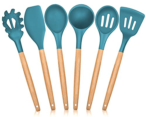 Joyfair Kitchen Utensils Set, 6 Pcs Cooking Utensils Set with Wooden Handle, Silicone Cookware for Cooking & Baking Include Spatula/Turner/Spoon/Pasta Server, Non Stick Non Toxic Heat Resistant, Blue