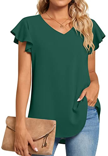TAOHUADAO Womens 2024 Plus Size Summer Casual Dressy Shirts V Neck Tunic Ruffle Short Sleeve Chiffon Tops Comfy Blouse 2X-Large, Dark Green