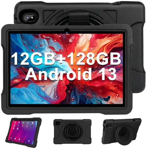 2024 Tablette 10 Pouces avec 12Go RAM+128Go ROM 1To TF, Famille/Enfants, Octa-Cores, Android 13, WiFi 5G, BT 5.0, GPS, GMS Certified, 8/5MP, Kids Space, Play Store - Coque EVA Noir