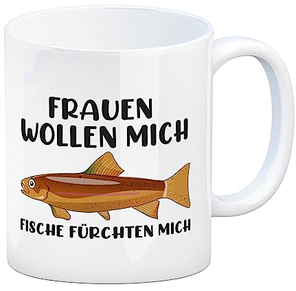 Frauenheld und Angler Kaffeebecher mit Spruch Frauen wollen mich Fische fürchte Mich Frauenheld Tasse Kaffeetasse Angeln witzig