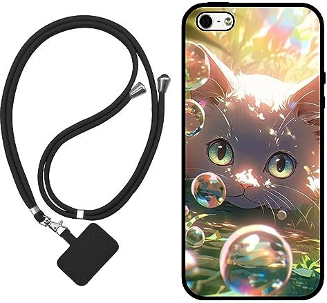 Sunrive Hülle Kompatibel mit iPhone 5/5S/SE(2016) Case,matt Handyhülle Schutzhülle Etui TPU Backcover (Blase Katze) +1x Universale Handykette MEHRWEG