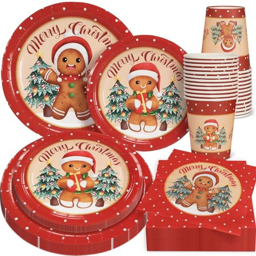 100 Pieces Gingerbread Christmas Decorations Set Serves 25 Christmas Party Disposable Tableware Gingerbread Man Paper Plates Napkins Cups for Xmas Gingerbread Theme Party Supplies