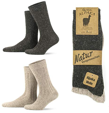 GoWith 1-2 Pairs Unisex Alpaca Wool Socks, Thermal Warm Cozy Merino Wool Socks, Heated Fuzzy Winter Boot Socks, Beige/Brown - 2 Pairs (Model:3095), Large
