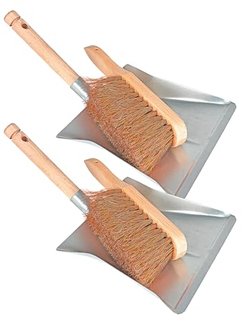 Lot de 2 balayettes en métal avec manche en bois et balayette - Pelle stable avec balayette en bois - Accessoires de cheminée