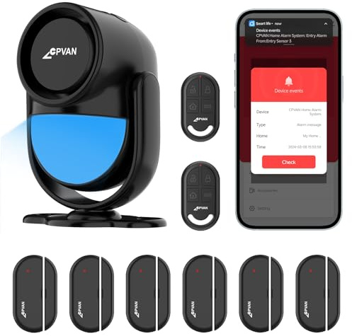 CPVAN WiFi Alarmanlage Haus mit PIR-Bewegungsmelder,Drahtloses DIY-Smart-Alarmsystem mit 6 Tür-/Fenstersensoren für Sicherheit – Lokalaler Alarm & App-Benachrichtigung, Schwarz