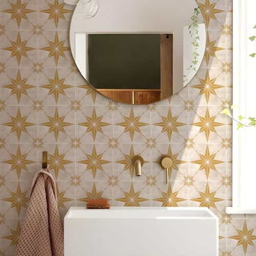 Fliesenaufkleber Retro Gelber Stern Klebefliesen Wasserdicht Fliesenaufkleber Bad Fliesenaufkleber Küche Fliesenfolie Mosaikfliesen für Schrank Möbel Küchenrückwand Folie 10 Stück/15x15cm