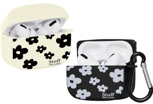 ZhuoFan [2 Piezas] Funda para Apple AirPods 3 2021 Case de Silicona Noir Blanc Suave, Patrón de Flor con Llavero para Mujeres y Hombres - Estuche Protectora para Auricolares [Carga inalámbrica]