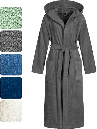 Morgenstern Bademantel Damen mit Kapuze 100% Baumwolle Frottee OEKO-TEX® Morgenmantel Marina Anthrazit Gr. M
