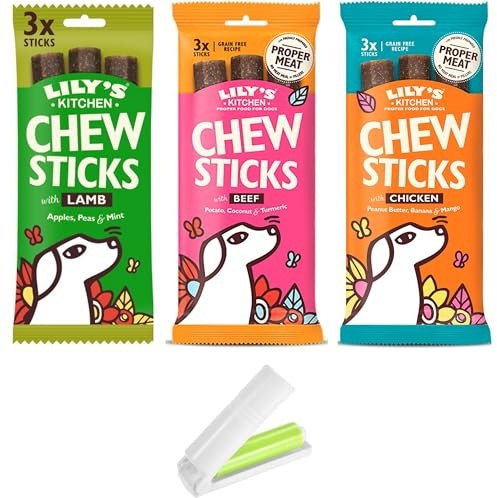 Dog Chew Sticks Bundle with L.Kitchen Grain Free Natural Dental Dog Treats Chicken,Lamb, Beef - Pack of 3x120g (Total of 9 Chews) plus UbiPet Lint Roller and Pet Wipes