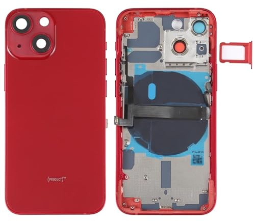 High-Tech Place - Carcasa trasera de batería para iPhone 13 Mini con teclas laterales y bandeja de tarjetas y cable flexible de alimentación + volumen y módulo de carga inalámbrica (rojo)