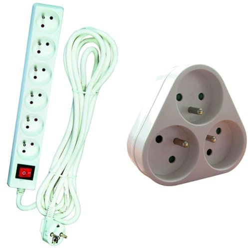 Voltman DIO013076 Bloc 6 Prises 2P + T + Interrupteur Cordon 4 m, Blanc & Triplite 3X 16A Triangulaire - Blanc - Zenitech