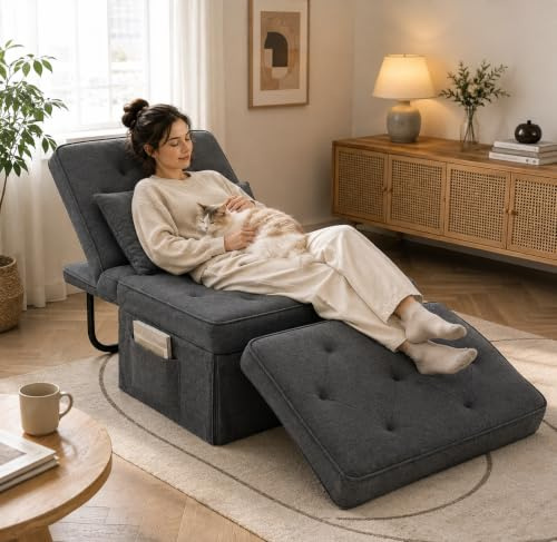 FLEXISPOT Folding Sofa Bed, 4-in-1 Sofa Bed, Single Sofa Chair with 6 Position Adjustable Backrest and Pillow for Living Room and Bedroom