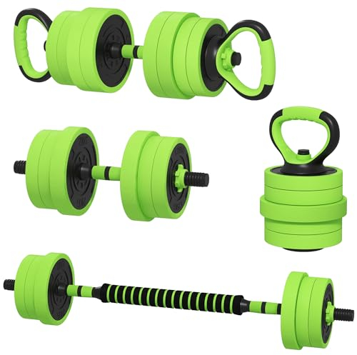 SPORTNOW 4-in-1 Adjustable Weight Dumbbells Set, Used as Barbell, Kettlebell, Push up Stand, Free Weights Set for Men and Women Home Gym Training, 20KG, Green