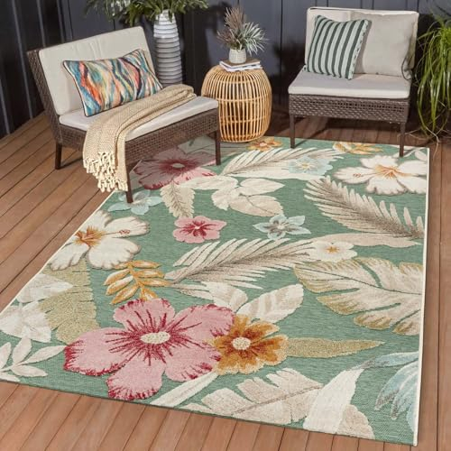 In & Outdoor Teppich Wetterfest Wohnzimmer Balkon Küchenteppich Terrassenteppich Flachgewebe mit Muster Blumen floral grün 240x340 cm