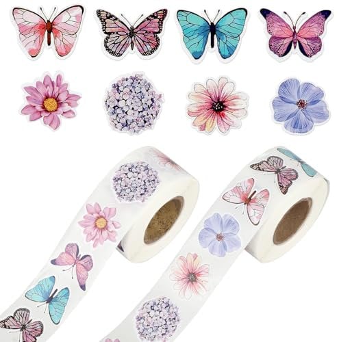 1000 Sticker auf 2 Rollen Sticker Blumen & Schmetterlinge Blumenaufkleber für Kinder DIY Papier Tape Stickers, Verschiedene Stickers Schmetterlinge Blumen für DIY Handwerk Scrapbooking, 2,5-3 cm Größe