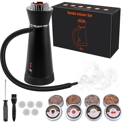 Räucherpistole, 4-Arten von Holzchips Rauchpistole, Räucherpistole für Lebensmittel für Lebensmittel Sous Vide Steak, Tragbare Molekularküche Räucherpistole für Picknick, Camping BBQ (Schwarz)