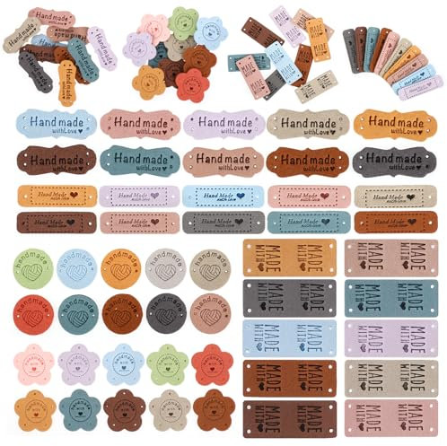 50 Stück handmade label Handgefertigte Lederetiketten zum annähen Mikrofaser Lederetiketten Mit Löchern Mit Liebes Herz Lederetiketten Labels Zum Annähen Für Diy-hüte Kleidung Annähen, 5 style