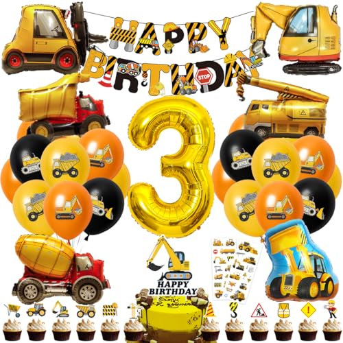 Cadimus Bagger Deko Kindergeburtstag 3, Geburtstagsdeko Junge, Baustelle Geburtstag Mit Happy Birthday Banner, Folienballons 3 Jahre alt und Kuchen Deko